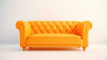 Modern orange sofa on legs on white background. Flat lay front view. photo