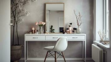 Dressing table with mirror in the white modern bedroom photo