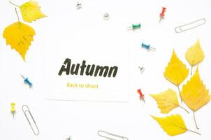 School stationery and yellow autumn leaves isolated on white. Back to school concept. Copy space. Top view. - Image photo