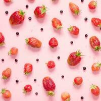 Strawberry and blueberry on pink background. Flat lay, top view. - Image photo