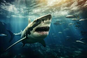 Formidable Big shark underwater sunny. Generate Ai photo