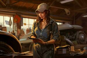 Seductive Car mechanic sexy woman garage. Generate Ai photo