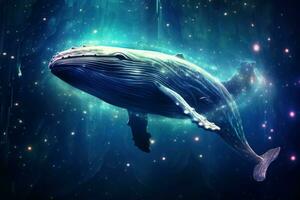 Silent Big whale floating in stars. Generate Ai photo