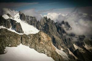 the Mont Blanc mountain range seen from Punta hellbronner in July 2023 under the snow photo