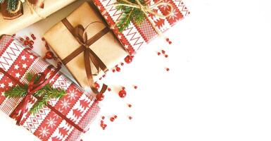 Christmas  background with gift boxes for the holiday. Top view with copy space photo