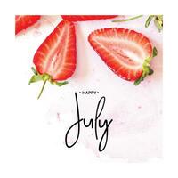 Inscription Happy July. Creative fresh strawberries pattern background. - Image photo