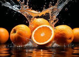 Orange fruits falling in the water splashes AI Generative photo