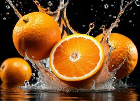 Orange fruits falling in the water splashes AI Generative photo