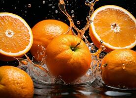 Orange fruits falling in the water splashes AI Generative photo