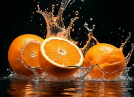 Orange fruits falling in the water splashes AI Generative photo