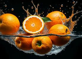 Orange fruits falling in the water splashes AI Generative photo