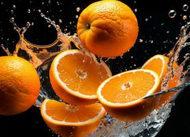 Orange fruits falling in the water splashes AI Generative photo