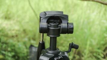 Close-up of a tripod on a blurred background of green grass photo