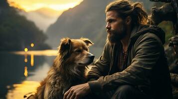 Brutal Man sitting by the fire in the evening with his favorite dog against the backdrop of a mountain lake at sunset.Generative AI photo