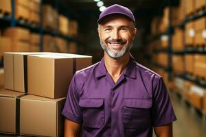 A delivery employee in a logistics warehouse against a background of cardboard boxes.Generative AI photo