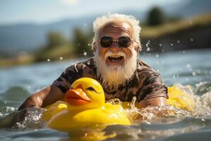 An elderly man with a smile and a gray beard on a yellow inflatable circle in the shape of a duck. Second youth.Generative AI photo