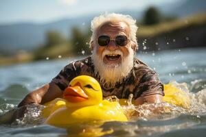 An elderly man with a smile and a gray beard on a yellow inflatable circle in the shape of a duck. Second youth.Generative AI photo