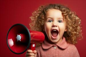 Little girl screaming into loudspeaker, isolated on red background. Copy space.Generative AI photo