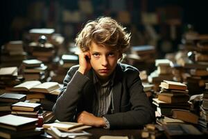 Tired schoolboy holding his head while sitting in school class against the backdrop of the blackboard.Generative AI photo