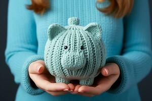 A piggy bank in the hands of a woman.Generative AI photo
