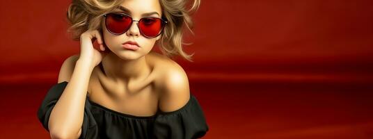 Beautiful sexy girl in sunglasses, red isolated background. Copy space.Generative AI photo