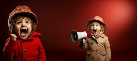 pequeño niña gritando dentro altoparlante, aislado en rojo antecedentes. Copiar espacio.generativo ai foto