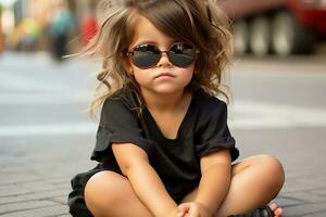 de moda pequeño atractivo niña en negro verano vestir y Gafas de sol sentado afuera.generativo ai foto