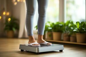 Cropped image of woman feet standing on weigh scales. Generative AI photo