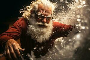 Santa Claus rides the ocean wave into the New Year. New Year's card.Generative AI photo