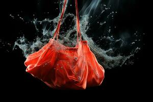Red shopper bag with water splash on black background. Buying power.Generative AI photo