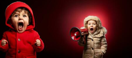 pequeño niña gritando dentro altoparlante, aislado en rojo antecedentes. Copiar espacio.generativo ai foto