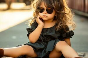 Fashionable little glamorous girl in black summer dress and sunglasses sitting outside.Generative AI photo