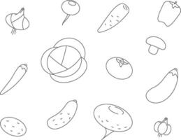 iconos de línea de verduras. establecer icono vectorial de repollo vegetal, zanahorias, pepino, ajo, cebollas, pimientos vector