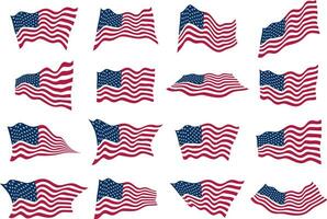 The US flag waving in the wind from different angles. Set of american flags. Design element of vector illustration.