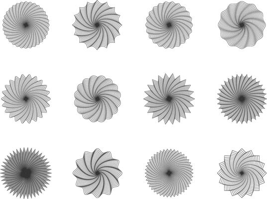 Money watermark, geometric round guilloches. Spirograph patterns and borders vector set illustration.