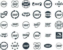 360 degrees icon set. Rotate arrow, VR reality panoramic symbol. Wide degree view icons. Virtual tour or game vector sign.