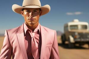 A brutal man in a pink suit and cowboy hat in Arizona.Generative AI photo