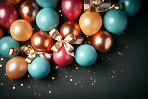 Bright holiday background with colorful balloons and gifts. Black background.Generative AI photo