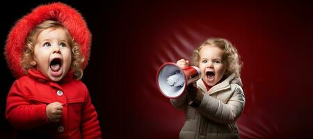 pequeño niña gritando dentro altoparlante, aislado en rojo antecedentes. Copiar espacio.generativo ai foto