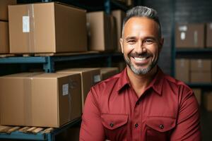 A delivery employee in a logistics warehouse against a background of cardboard boxes.Generative AI photo