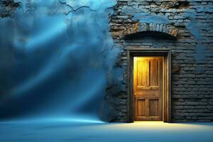 creativo imagen antiguo de madera puerta en Clásico pared antecedentes en azul neón color.generativo ai foto