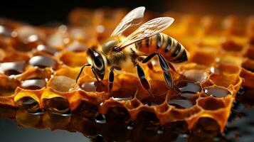 un de cerca de un abeja sentado en panal.generativo ai foto