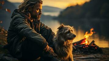 Brutal Man sitting by the fire in the evening with his favorite dog against the backdrop of a mountain lake at sunset.Generative AI photo