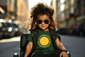 Fashionable little glamorous girl in black summer dress and sunglasses sitting outside.Generative AI photo