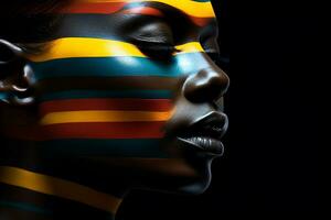 Moda retrato de africano mujer en vistoso maquillaje en negro fondo.generativo ai foto