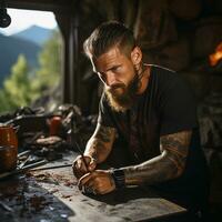 Portrait of a brutal man with beard and tattoos in his workshop.Generative AI photo