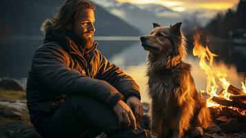 Brutal Man sitting by the fire in the evening with his favorite dog against the backdrop of a mountain lake at sunset.Generative AI photo
