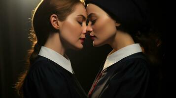 Two young lesbians kiss each other tenderly. married lesbian couple.Generative AI photo