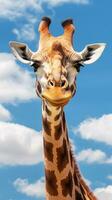The head and long neck of a giraffe against a sky with clouds. Vertical shot.Generative AI photo