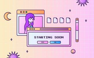 Stream starting soon offline screen ui layout modern pink purple gradient with icon and window interface for gaming or streaming vector
